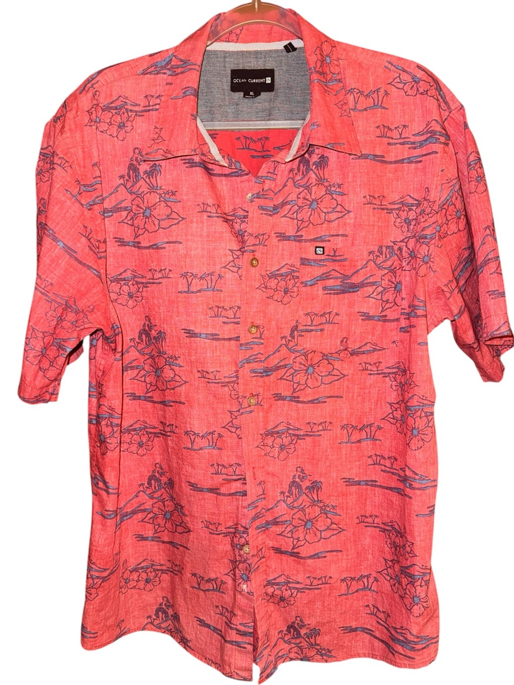 Ocean Current Coral-Red Floral Print Short-Sleeve Button-Down Shirt